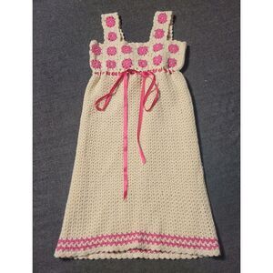 Vintage Hand Knit‎ Girls Dress Crochet Cream Pink 10-12 Or Womens XXS